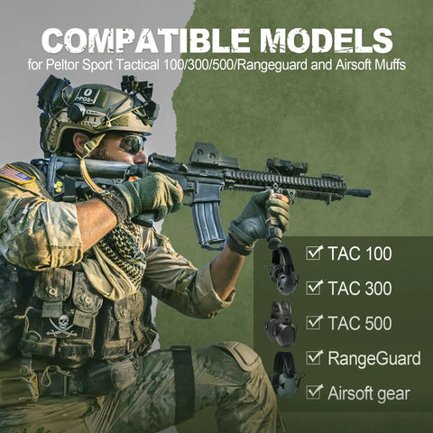 Kickass Drop In Arc Adapter For Peltor Shooting Earmuffs showcasing compatibility with TAC 100, 300, 500 models in tactical setting.