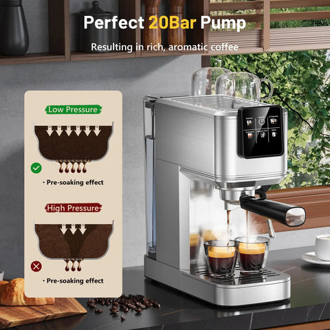 Heavy Duty Espresso Maker With Touchscreen Hot And Iced Coffee Brewer Stainless Steel Milk Frother Rapid Cold Brew Gear, 20 bar pump in use.