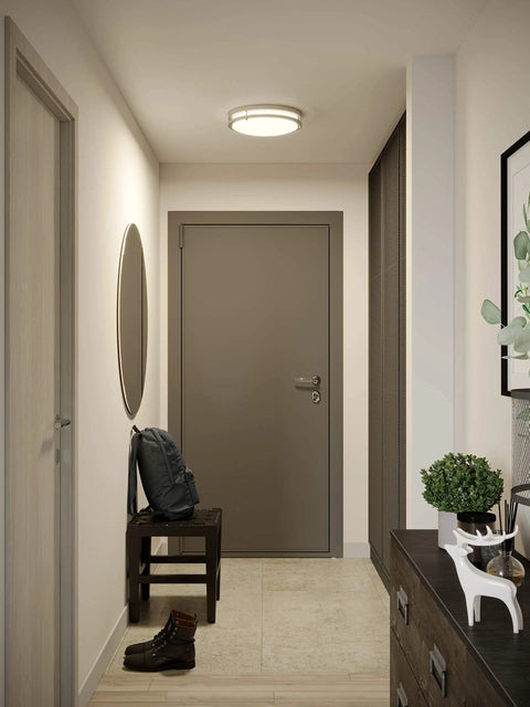 17 Inch LED Flush Mount Ceiling Light In Brushed Nickel, Crazy Bright 2291 Lumens installed in a modern hallway