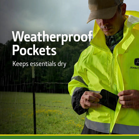 Unisex ANSI Class III High Visibility Rain Suit Jacket And Bib Set With Color Block Design, showing weatherproof pocket in field.