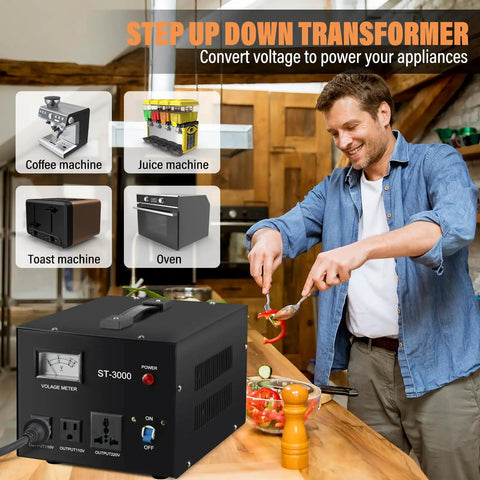 Man using Beefy Step Up Down Voltage Transformer Converter on kitchen counter, powering multiple appliances and displaying voltage meter.