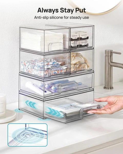 Stackable Storage Drawers Set Of Six Clear Plastic Organizer Bins for bathroom use, featuring built-in handles and anti-slip design.