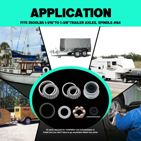 Two-Set 3500lb Beefed-Up Trailer Bearing Kit For 1-3/8 To 1-1/16 Inch Axles With 20-Piece Hardware applications displayed