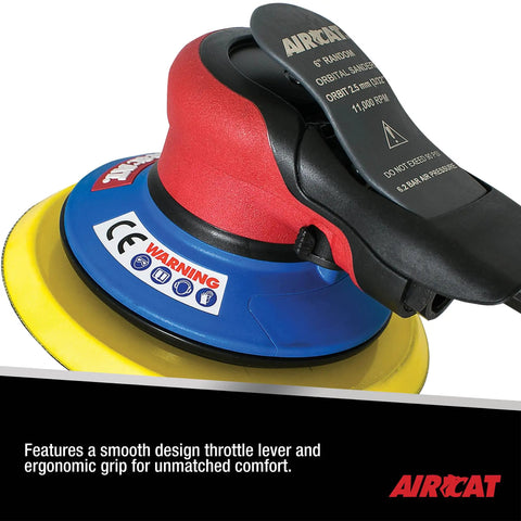 Six Inch Lubrication Free Palm Sander with ergonomic grip and throttle lever detail