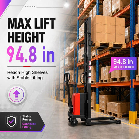 Heavy Duty 3300 Lbs Electric Pallet Stacker With Manual Push Handles For No Sweat Warehouse Loading And Industrial Grade Material Handling Rigs Built To Last shows max lift height of 94.8 inches.