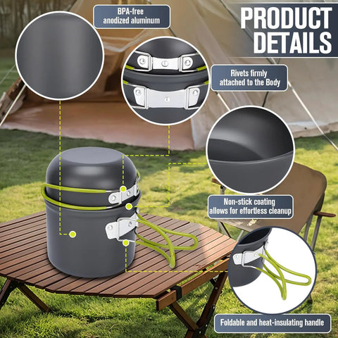 Trail Ready 16 Piece Camping Cookware Set with nonstick BPA-free anodized aluminum pots and pans, outdoor picnic scene.