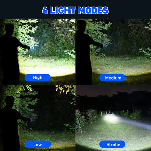 Rechargeable 100000 Lumen LED Flashlight for Camping With 4 Modes, Ultra Bright Beaming Light, lighting up forest and field at night