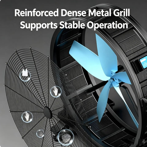 Badass Industrial Mobile Floor Fan Powered By Brushless Permanent Magnet Motor And Secure Locking Casters For Straight Up Warehouse Cooling And Major Power Bill Cuts Daily Shift Long Rock Solid Performance Guaranteed showing a blue fan blade and dense metal grill.