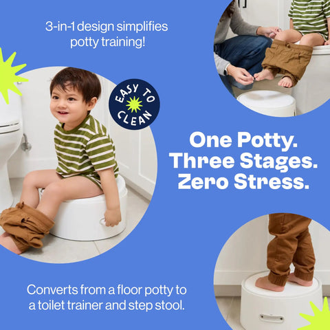 Super Durable Three In One Toddler Floor Potty With Secure Step Stool And Leak Resistant Trainer Seat Makes Potty Training Hella Smooth For Little Ones Ages 18 Months Plus with child using it.