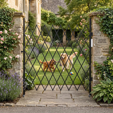 No Fuss Expandable Folding Security Gate Aluminum Alloy Metal Barricade With Slick Rolling Lockable Casters For Quick Setup And Tight Perimeter Guard Wall in a garden with two playful dogs.