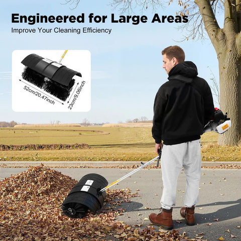 Heavy Duty 52Cc Gas Walk Behind Lawn Sweeper With Handheld Broom Attachment For Farms, Streets, And Gardens in use on leaves.