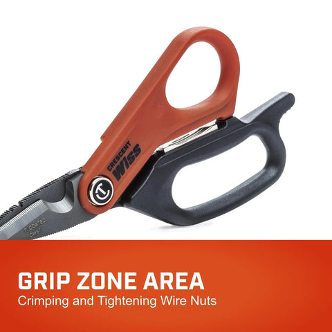 Electrician Shears Pro Titanium Blade Scissors With Titanium Coated Steel, Ergonomic TPR Grip Handles And Control Bar Extension For Precise Wire Cutting, Heavy Duty Electrician Scissors For Pros showing grip zone area
