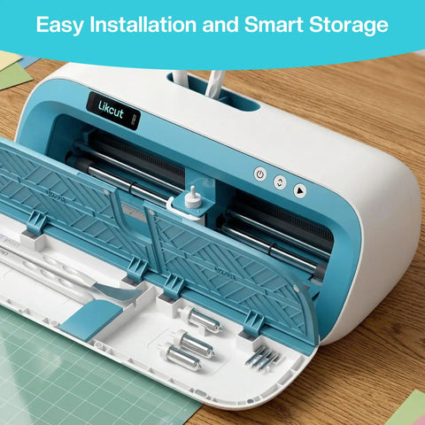 Likcut machine showcasing easy installation and smart storage features for crafting and DIY projects.