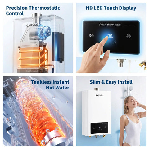 Ridiculously Fast Natural Gas Tankless Water Heater Dropping Instant Hot Water On Demand For Whole House Homes With Slick Digital Temperature Control And Zero Downtime Action; showing precision thermostat, HD LED display, and tankless design.