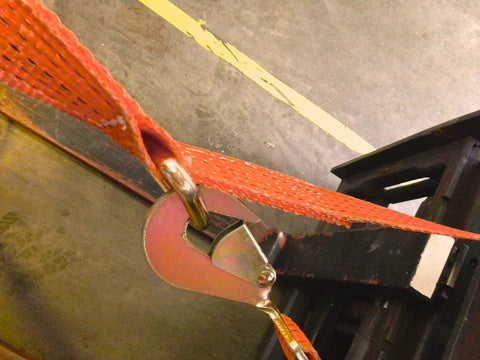 Heavy Duty Pallet Puller Bar With Three Point Seven Meter Strap Designed For Forklifts featuring a steel hook and thick orange webbing.