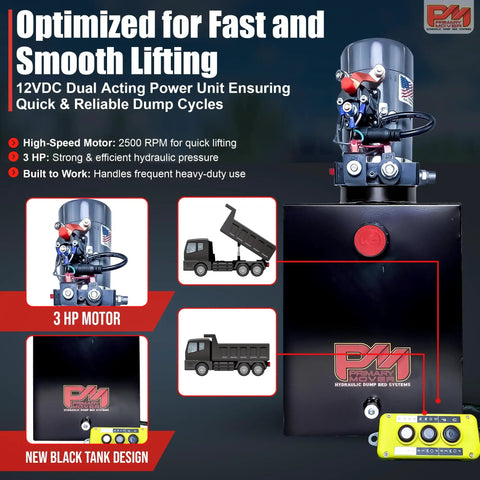 12V DC Double Acting Hydraulic Pump For Dump Trailer Power Unit With Remote Controller And Steel Reservoir 15 Quart Capacity Beefy Heavy Duty Dump Trailer Pump DC 45597 15S displayed with motor and remote control