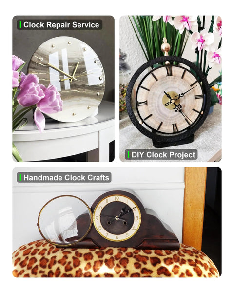 Three clocks showcasing Eight Piece Black Clock Hands Set For 140mm Clock Faces Antique Style With Thick Mounting Hole
