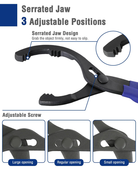 Heavy Duty Universal Oil Filter Wrench Set Featuring Adjustable Pliers And Three Jaw Remover For Smooth Car Truck Suv Maintenance, serrated jaw design with adjustable positions.