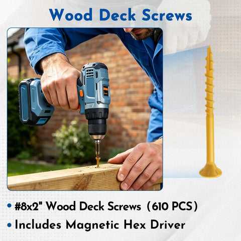 No Drill Hassle Number 8 By 2 Inch Deck Screws With Torx Flat Head And T25 Star Bit Included For Effortless Outdoor Woodwork Exterior Rated Self Tapping Coated Fasteners In Big Bulk Box being used with a power drill.