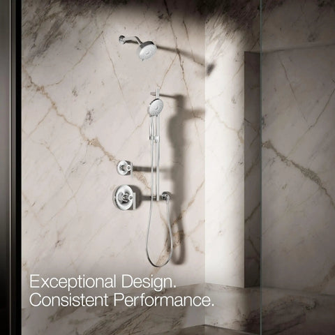 Forté Four-Function Handshower With Nonpositive Shutoff, 3 Spray Modes, Polished Chrome installed in marble shower