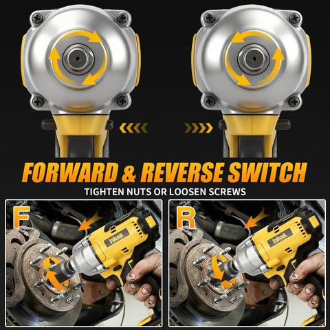 Grease Monkey Ready Brushless Cordless Impact Wrench 1/2 Inch High Torque 740 Ft Lbs showing forward and reverse switch for tightening and loosening fasteners.