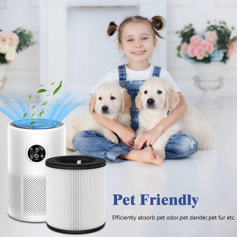 Child with puppies and air purifier, highlighting 2 Packs D10 Replacement Filters For Tailulu D10 Air Purifier 3 In 1 Premium Activated Carbon Filter Traps Dust Smoke Pet Dander Includes 6 Aroma Pads