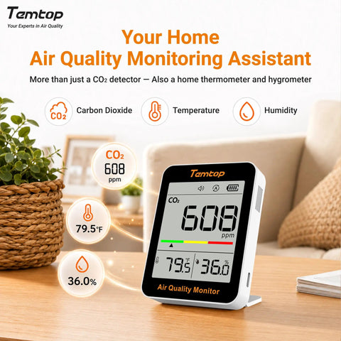 Portable CO2 Meter For Sharp Indoor Air Quality Tracks Temperature And Humidity With Smooth NDIR Sensors To Keep Your Home Or Office Vibe Fresh And Healthy No Sweat Ever At All on a wooden table.