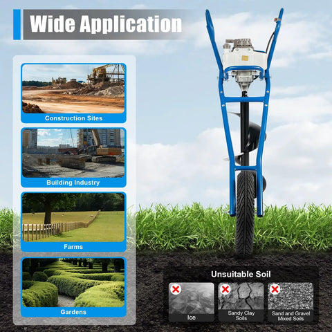 Gas Powered Post Hole Digger With 63cc Two Stroke Engine for construction, buildings, farms, gardens with unsuitable soil types.