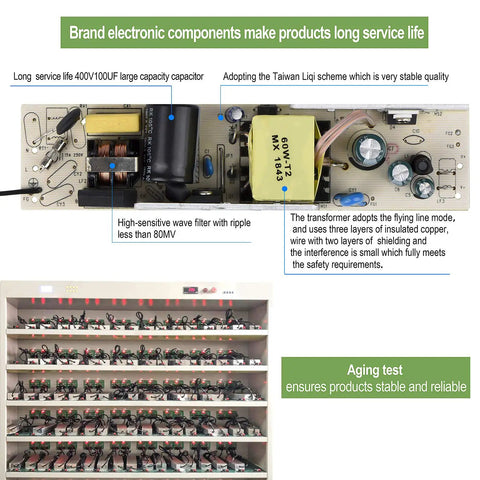 Internal components of Six Pack 60W Waterproof LED Driver Power Supply IP67 100-260V AC To 12V DC with testing racks below