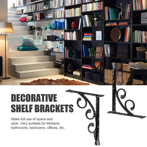 Decorative shelf brackets in front of bookshelves, ideal for 2 Pack Wall Mounted L Shaped Shelf Brackets Space Saving Heavy Duty Angle Supports.