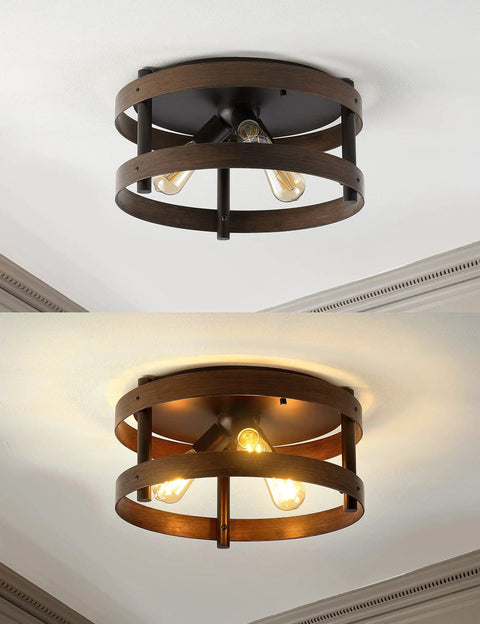 Dark Brown Wood And Oil Rubbed Bronze Three Light Iron Flush Mount Ceiling Light, Farmhouse Industrial Round Fixture with LED Bulbs.