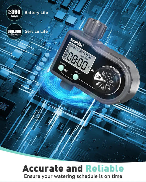 Sprinkler Timer For Garden Hose With Three Programs And Daily Or Specific Day Scheduling Programmable Automatic Or Manual Lawn Watering System With Battery Powered Reliability And Easy Setup No Fuss displayed on a digital circuit background.