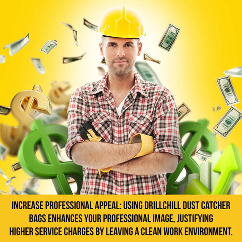 Person in plaid shirt and hard hat with financial symbols and text promoting Disposable Yellow Dust Catcher Bags For Drilling 30 Pack Self Adhesive Dust Collector Bags For Drywall Brick And Concrete Walls Kept Floors Clean Pro And DIY Use Trash Bags For Clean Job Sites And Professional Image Enhancement