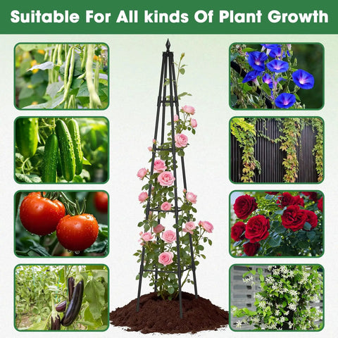 Beefy 6 Foot Garden Trellis For Climbing Plants With Thickened 16mm Metal Pipes, Heavy Duty Plant Support Displayed with Various Plants