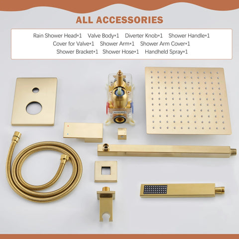 Gold rain shower system accessories including shower head, valve, and handheld spray in brushed gold finish with 304 stainless steel.