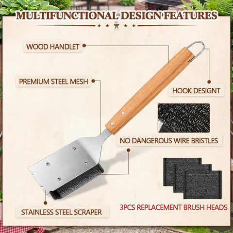 Six-Piece Bristle-Free Grill Cleaning Kit with wooden handle, steel scraper, and mesh heads, ideal for BBQ maintenance.