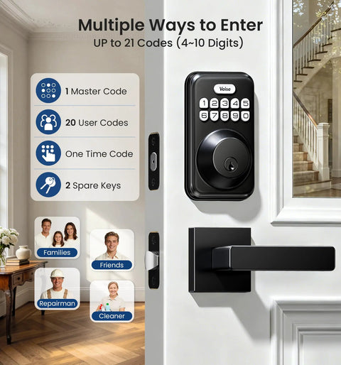 Heavy Duty Keyless Entry Deadbolt Lock Paired With Smooth Lever Handle Set In Matte Black Touchscreen Keypad showing multiple access codes.