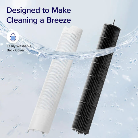 Smooth Operator Tower Fan With Slick Remote And Strong Airflow For Big Rooms Plus Buttery Quiet 12 Speed Settings With Chill 12 Hour Timer And Easy Up Down Angling For Refreshing Summer Breezes Indoors, showing two easily washable filters.