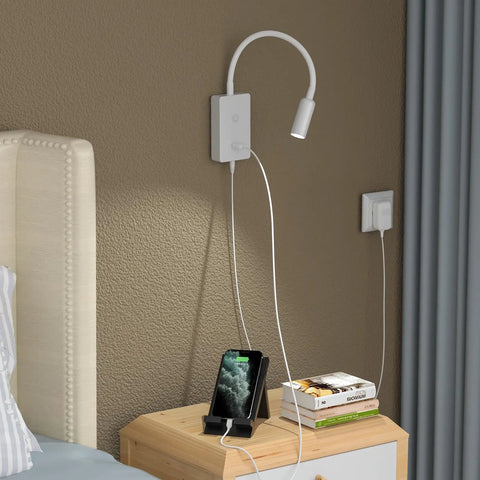 Wall Mounted Bedside LED Reading Light With Touch Dimming And Dope USB Port Flexible Gooseneck on bedroom wall above nightstand