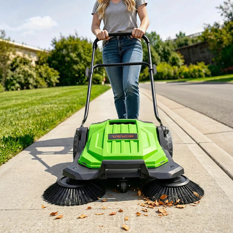 VEVOR Walk-Behind Floor Sweeper With 25.6 Inches Wide Brush And Big Waste Bin picking up leaves on sidewalk.