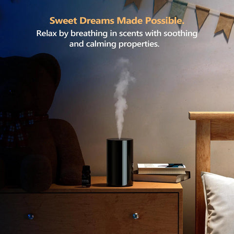 Waterless Essential Oil Diffuser Starter Kit With Four 10mL Hotel Scent Fragrance Oils Battery Operated Portable Diffuser AN8 Kit Black on a bedside table