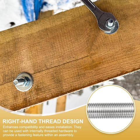 Installed M14 stainless steel fully threaded rod through wood with nut and washer; wrench visible