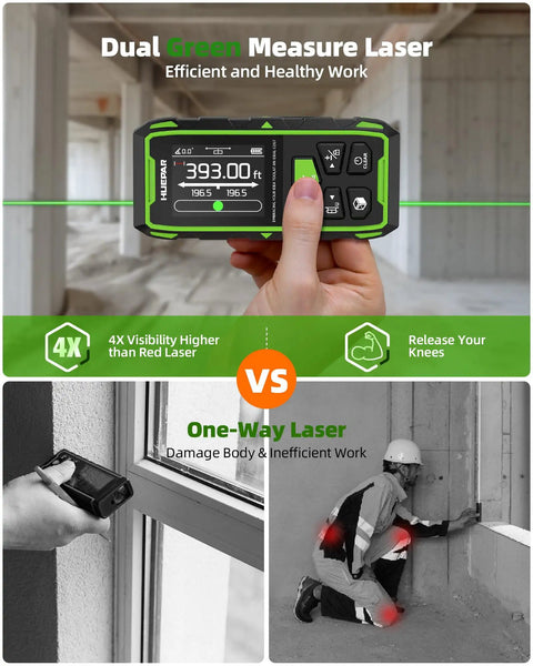 Nailing Every Job With This Upgraded Dual Laser Distance Meter Brings 395 Foot Range And Blazing Green Beams For Rock Solid 1/16 Inch Readings Plus Smooth Phone App Pairing in use, measuring distances.