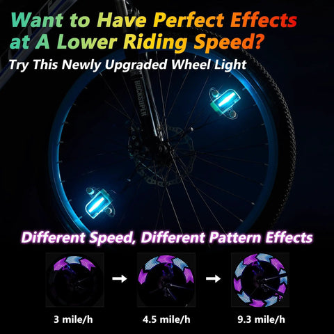 Led Bike Wheel Lights With 28 RGB LEDs And 30 Color Patterns For Night Riding on spinning bike wheel showing different speeds