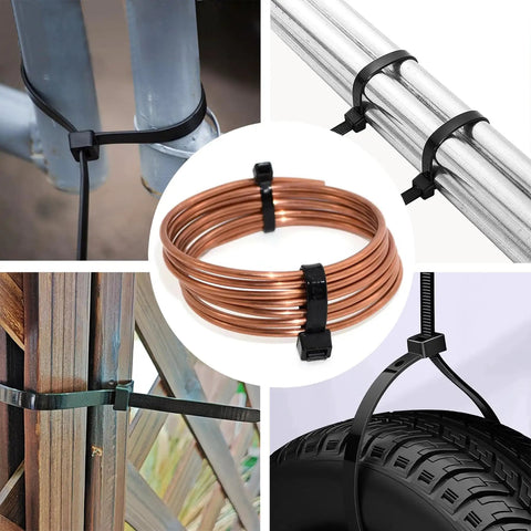 Heavy Duty 200Lb 18 Inch Zip Ties 70 Pack Black Cable Ties securing pipes, wires, and auto parts for outdoor use