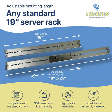 Rackmount Sliding Rails Kit For 2U To 8U Server Chassis, Adjustable Depth 18 To 25 Inches displayed on blue background.