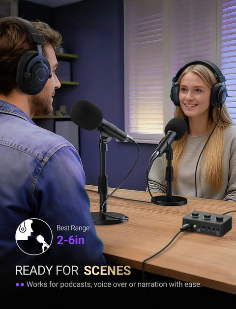 Two people using Dual USB And XLR Dynamic Desk Mic For Podcasts With Mute Button And Adjustable Stand Windscreen.
