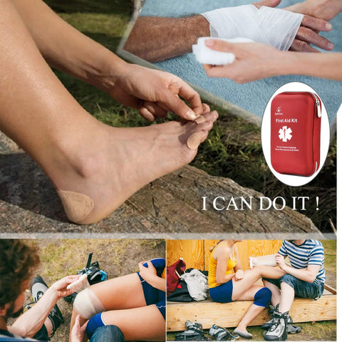 Using 163 Piece Waterproof First Aid Kit IFAK MOLLE System for foot care during outdoor activity.