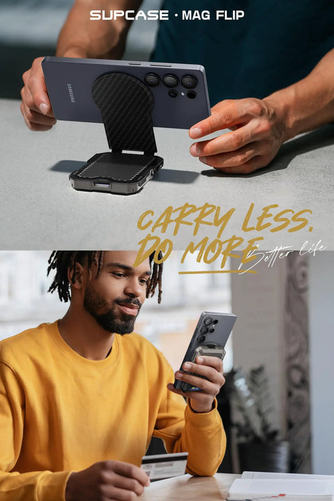 Person using MagSafe Wallet With Five Card Slots, RFID Blocking, And Adjustable Stand on phone