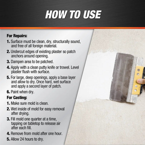 Instructions and demonstration of applying Plaster Of Paris Dry Mix For Interior Wall And Ceiling Repairs White 4 Lb Box Quick Set.
